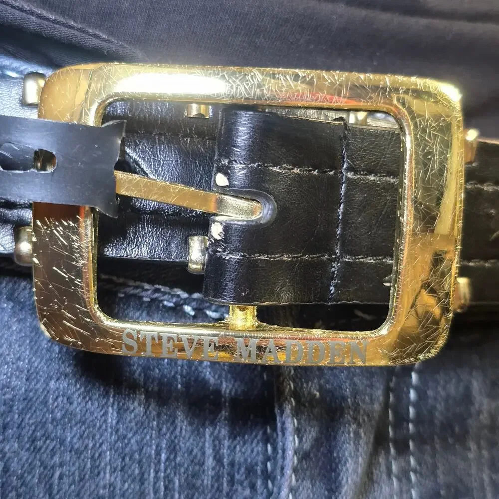 Steve Madden Y2K Black Leather Studded Belt Gold Buckle